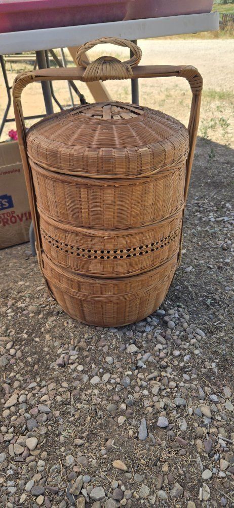 Vintage Chinese 3-Tier Bamboo Wedding Basket Stacking Woven Rattan with Handle