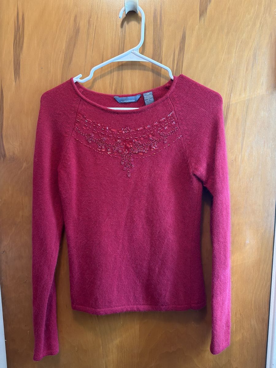 HILARD & HANSON Women's Fuchsia Beaded Long Sleeve Sweater - Wool Blend, Size XS