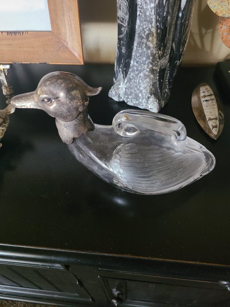 Vintage Crystal Glass Duck Claret Decanter Pitcher with Silver Duck Head Spout Lid