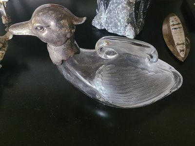 Vintage Crystal Glass Duck Claret Decanter Pitcher with Silver Duck Head Spout Lid