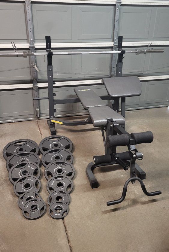 bench and 247 pounds of weights