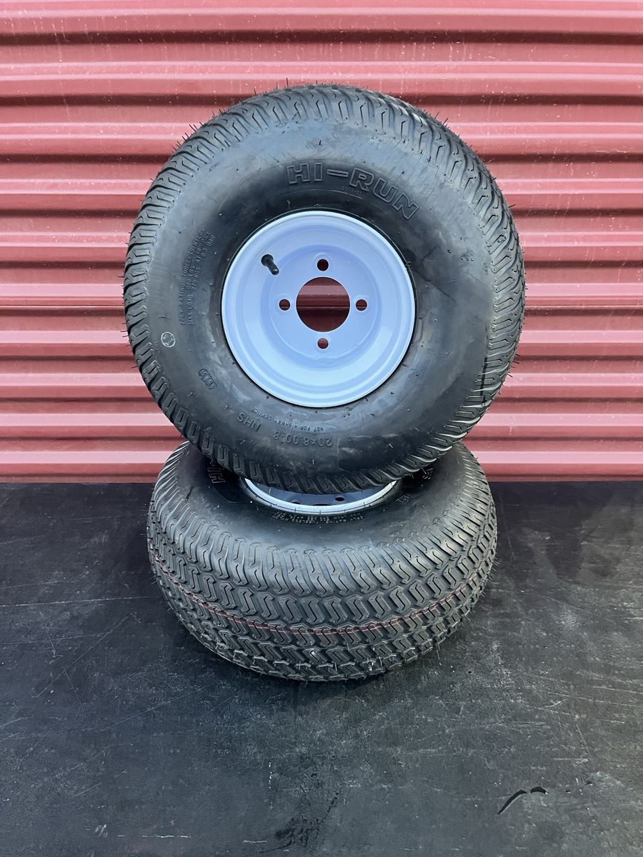 Brand New Hi Run 20 X 8.00 -8 Rear Riding Lawn Tractor Tires Mounted on New 4 Lug Wheels 