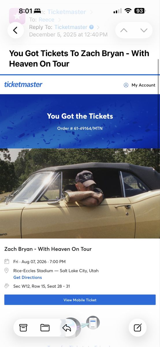 Zach Bryan Tickets - Rice-Eccles Stadium Salt Lake City UT - Aug 7 2026 - Sec W12 Row 15