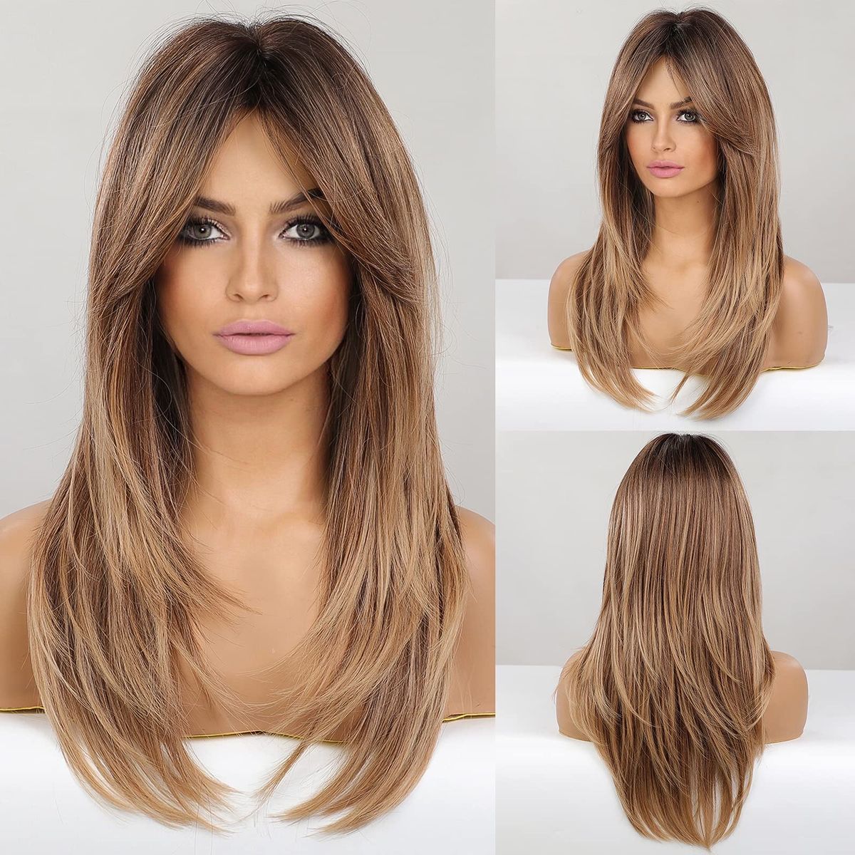 23-inch Long Layered Wig with Bangs - Natural Blonde Ombre, Heat-Resistant Synthetic Fiber