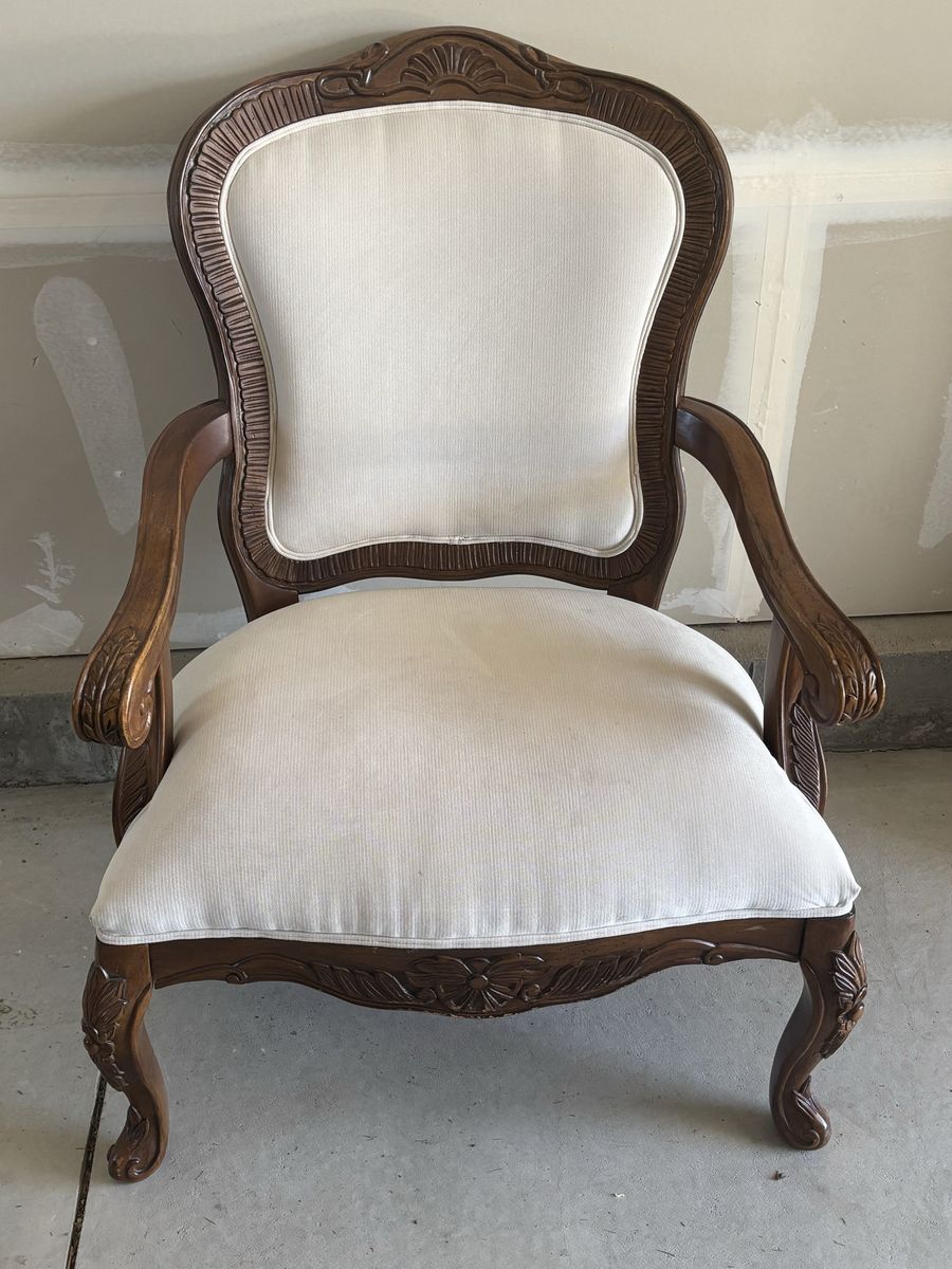 Carved Wood Accent Chair with White Upholstery - Excellent Condition