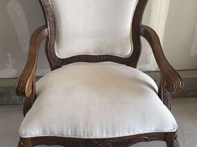 Carved Wood Accent Chair with White Upholstery - Excellent Condition