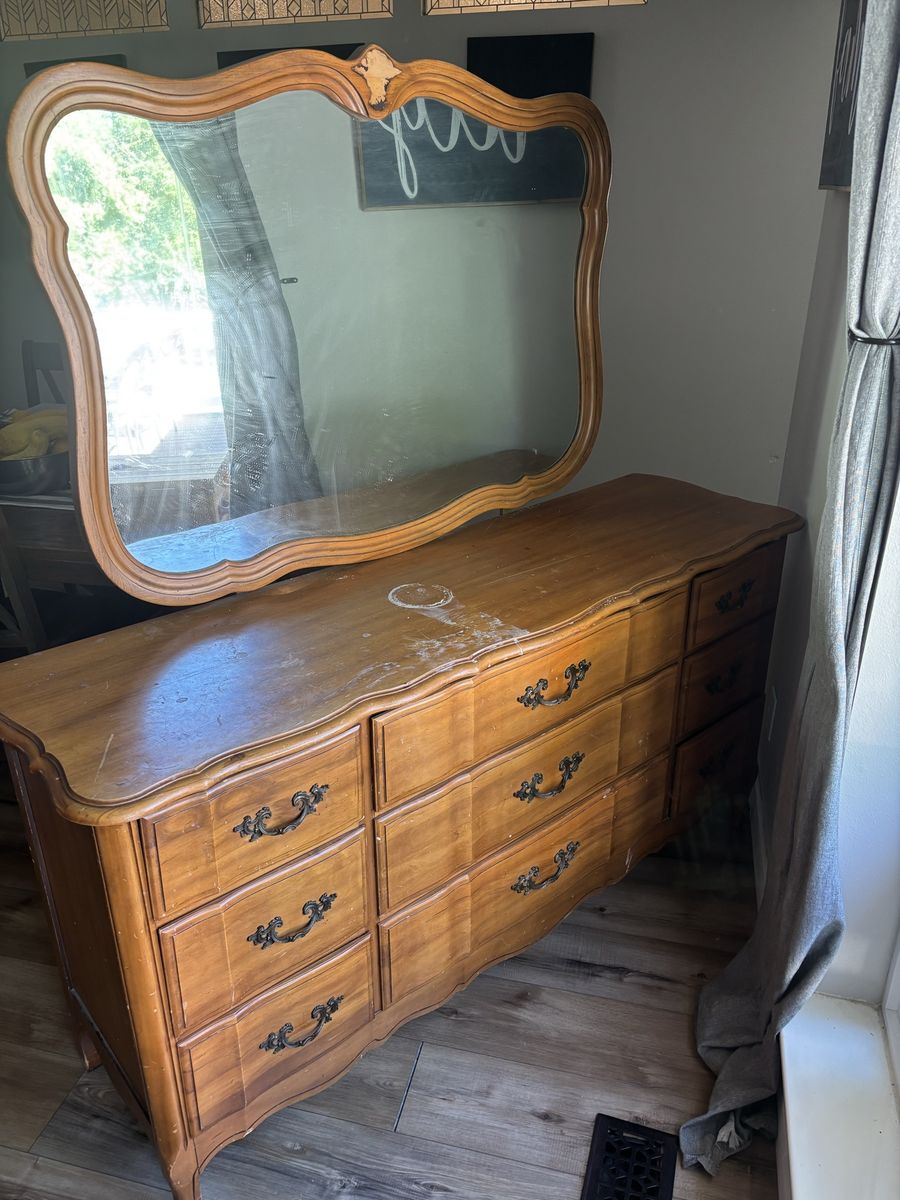 Vintage Maple & Gum Fruitwood Dresser with Matching Mirror