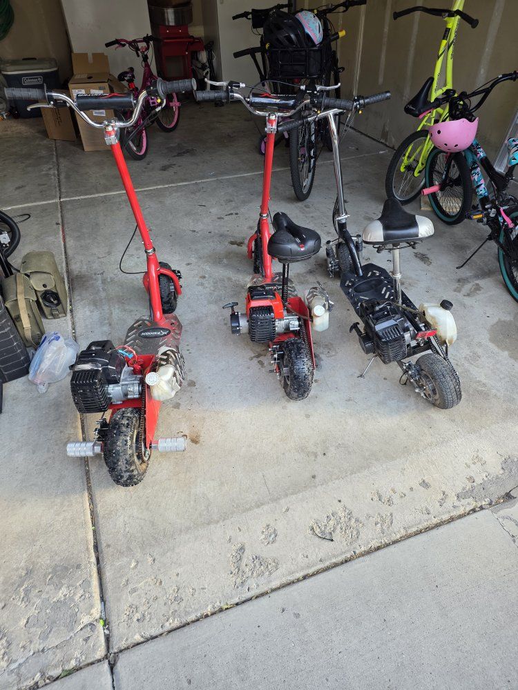 (3) Tuned Gas Scooters + Spare Parts & Gas Can – Starts & Runs Great!