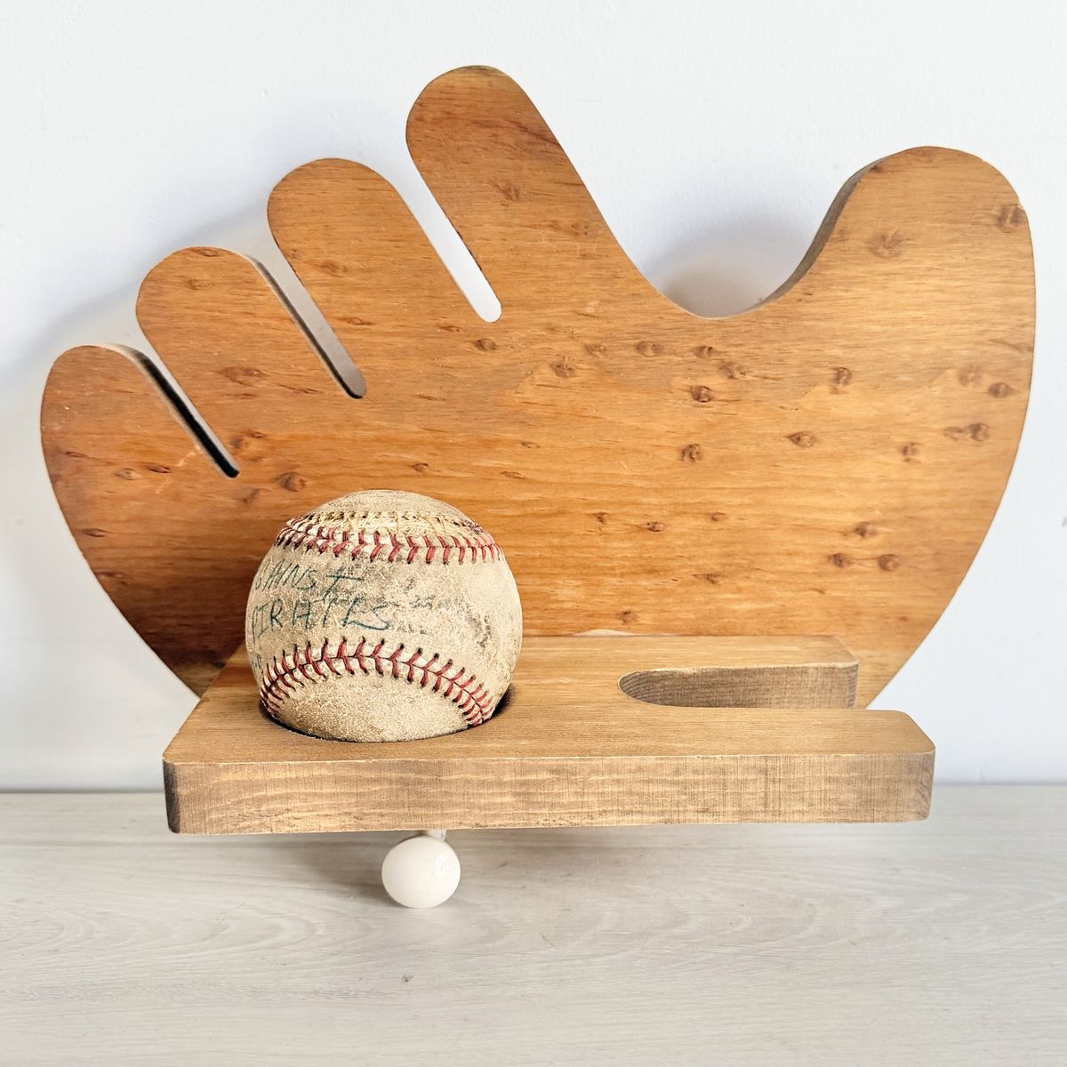 Vintage Handcrafted Wooden Baseball Glove Shelf with Ball Holder and Peg