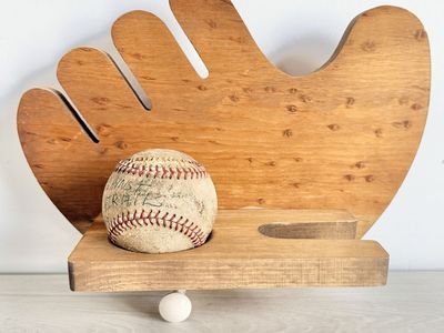 Vintage Handcrafted Wooden Baseball Glove Shelf with Ball Holder and Peg