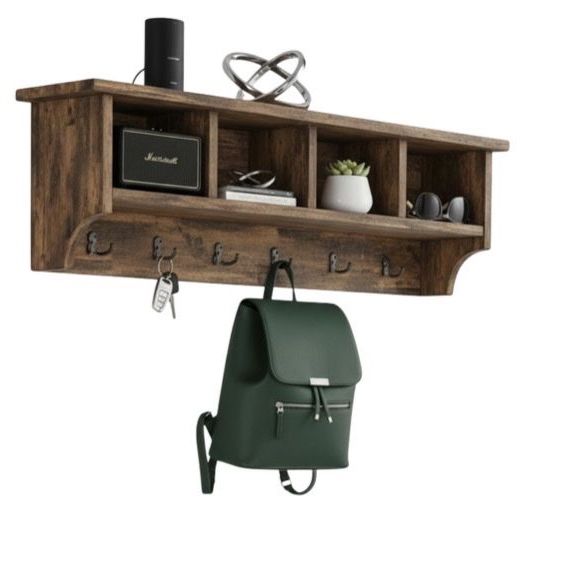 Alaterre Furniture Kenton Entryway Shelf, Solid Pine Wood, 4 Cubbies, 6 Hooks