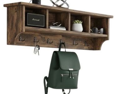 Alaterre Furniture Kenton Entryway Shelf, Solid Pine Wood, 4 Cubbies, 6 Hooks