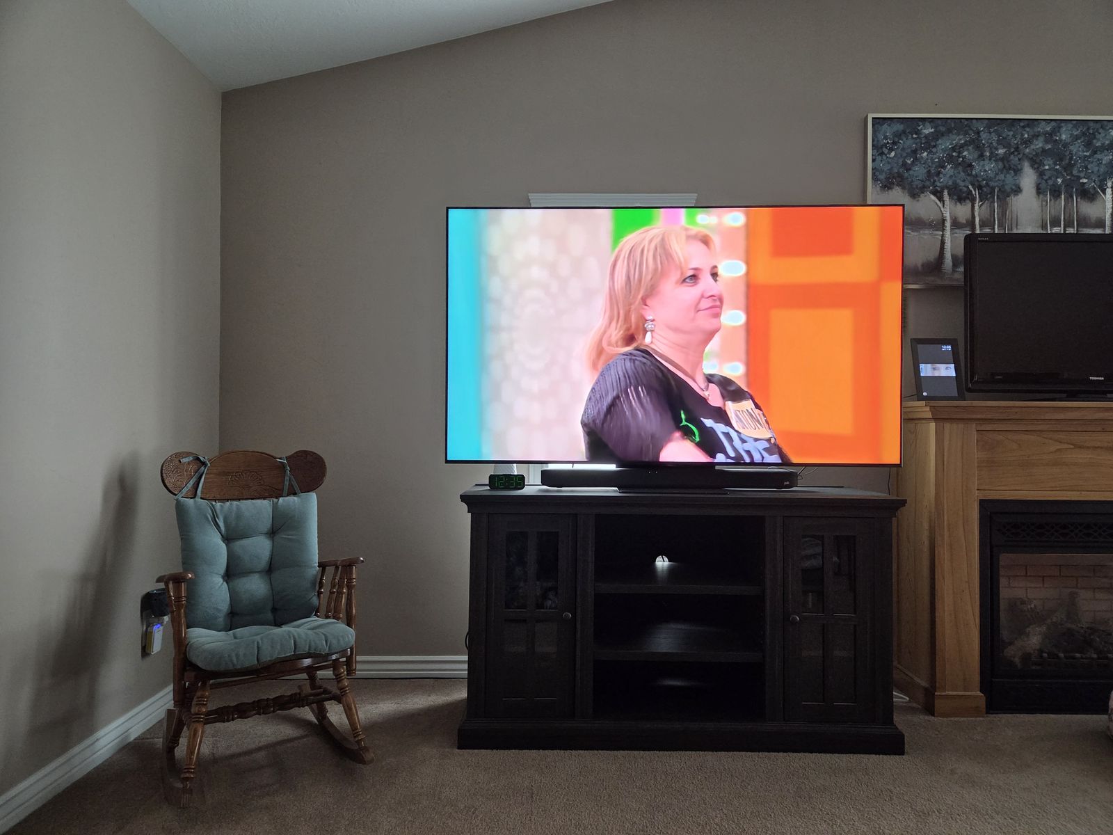 75 inch Samsung tv, Polk Audio soundbar & Elegant Dark Wood Media Console TV Stand with Glass Doors and Shelving