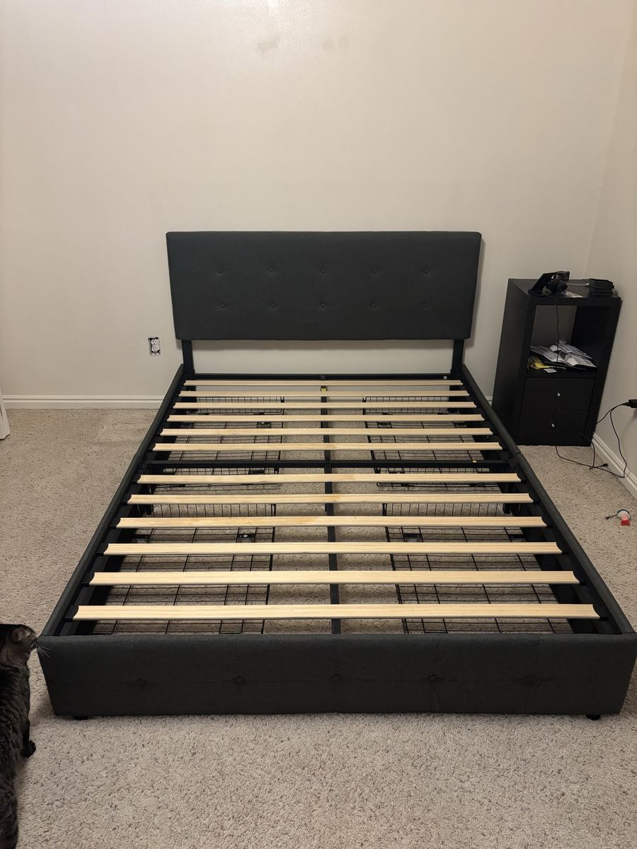 Gray Fabric Headboard with Metal Frame and Wooden Slats Queen Size