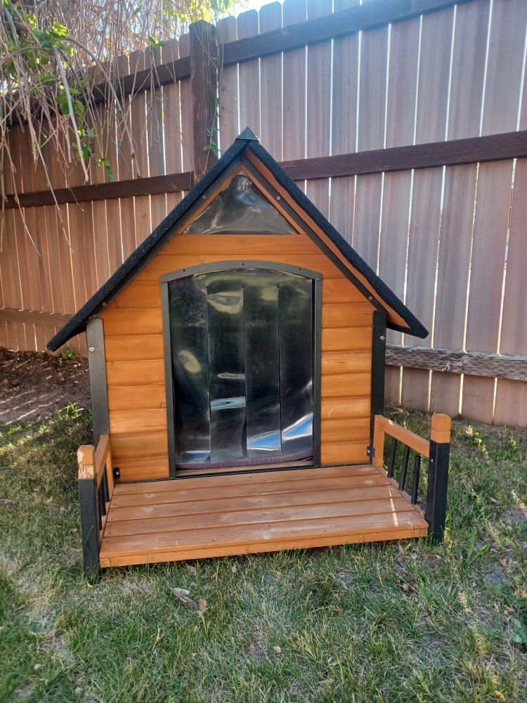 Outdoor Wooden Dog House with Porch - Insulated Pet Shelter, shingled roof