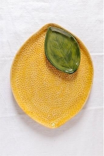 2pcs stoneware lemon shaped platter with leaf dish