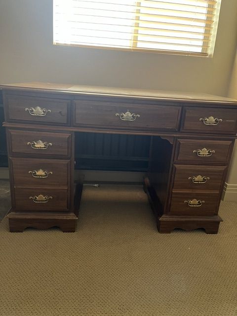 Vintage Dark Wood Executive Desk with Ornate Brass Handles - Multiple Drawers