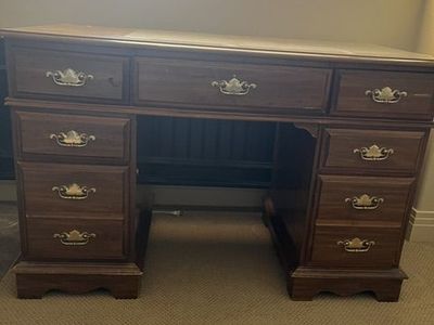 Vintage Dark Wood Executive Desk with Ornate Brass Handles - Multiple Drawers