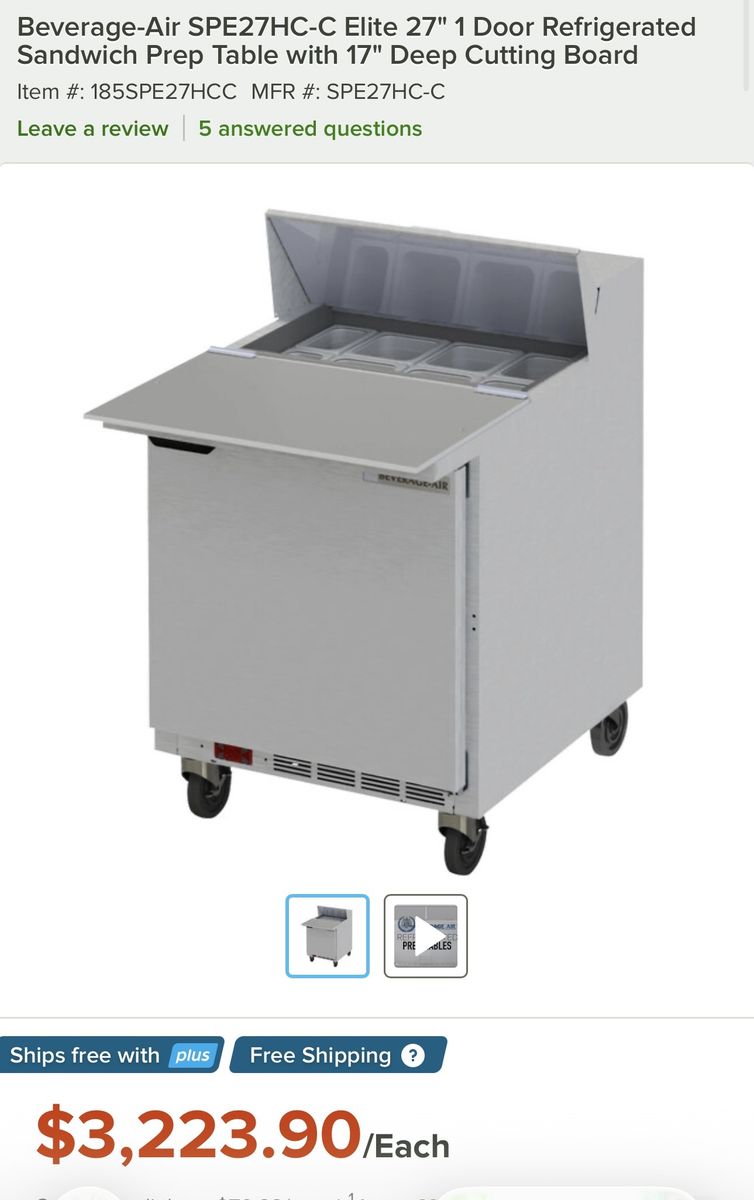 NEW OPEN-BOX BEVERAGE-AIR 27” REFRIGERATED SANDWICH PREP TABLE