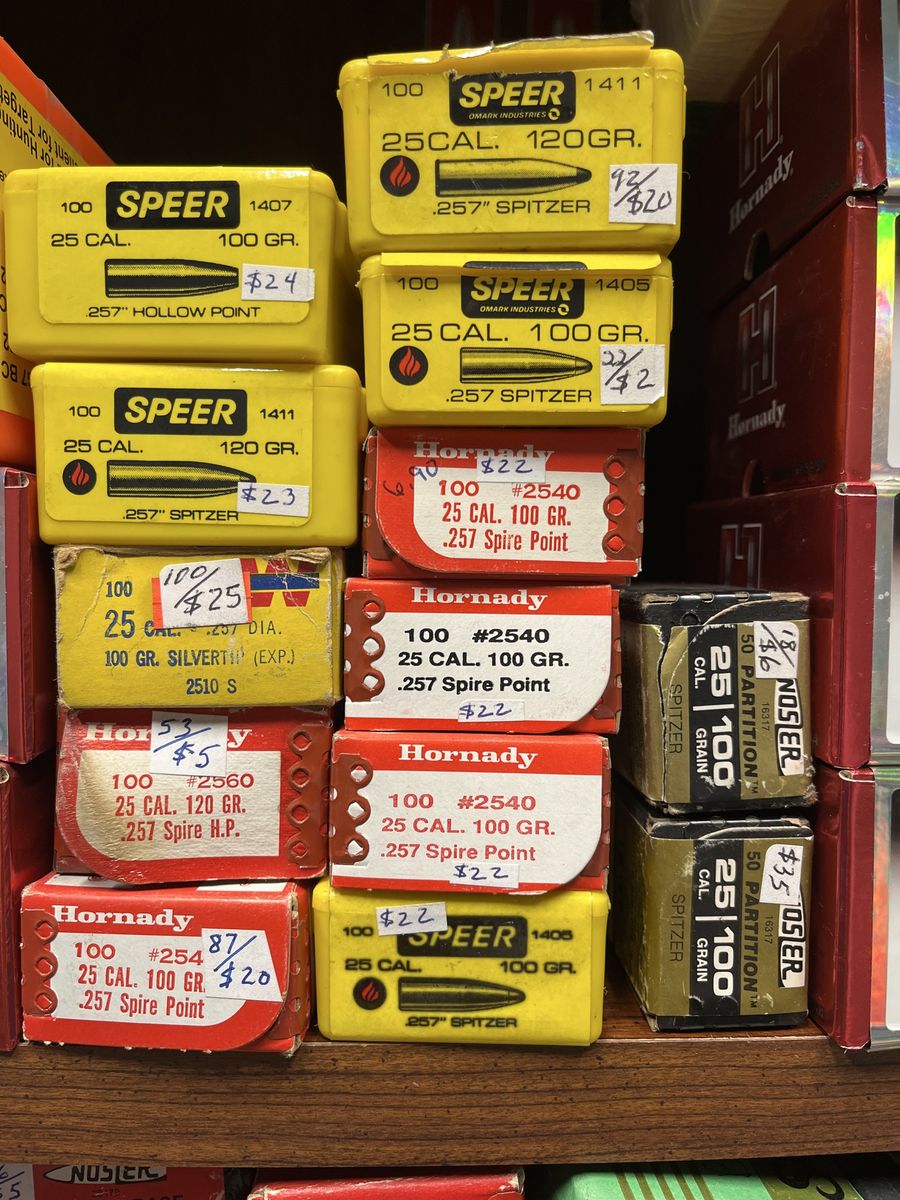 Various Brands .25 Rifle Bullets (Hornady, Speer, Nosler).