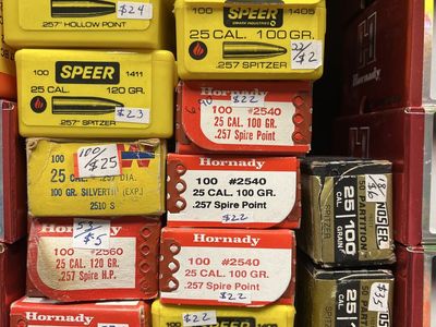 Various Brands .25 Rifle Bullets (Hornady, Speer, Nosler).