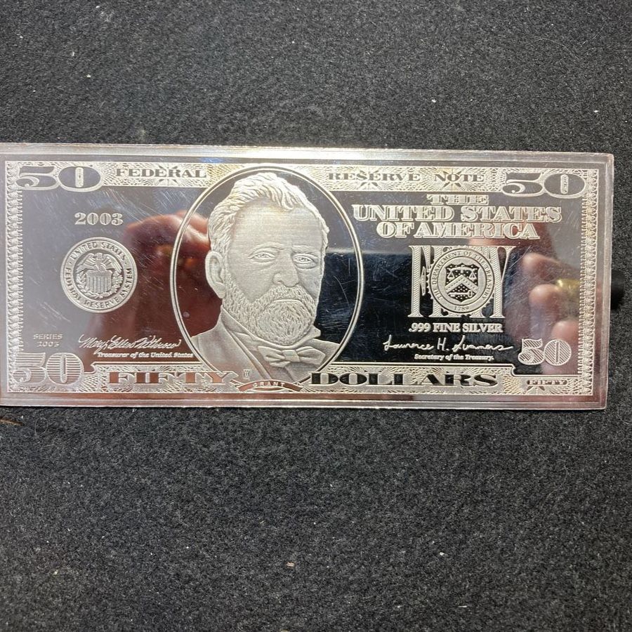2003 .999 Silver Bar ~ $50 Bill Design With President Grant ~ 4.5 Troy Ounces of Fine Silver
