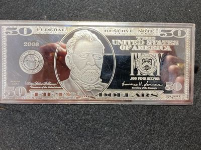 2003 .999 Silver Bar ~ $50 Bill Design With President Grant ~ 4.5 Troy Ounces of Fine Silver