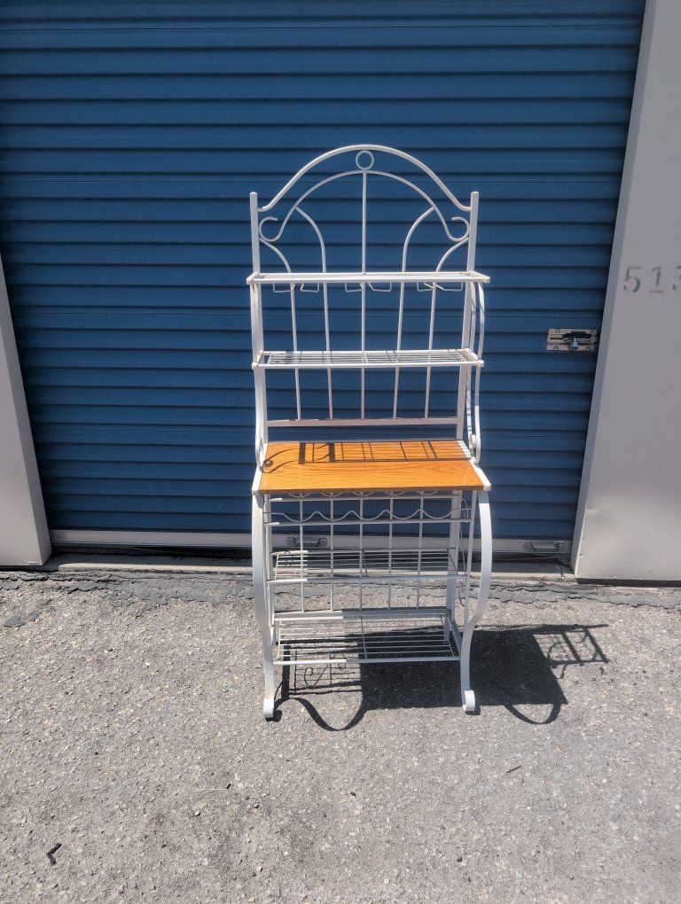 White Metal Bakers Rack with Wine Glass & Bottle Storage, Wood Shelf - Excellent Condition