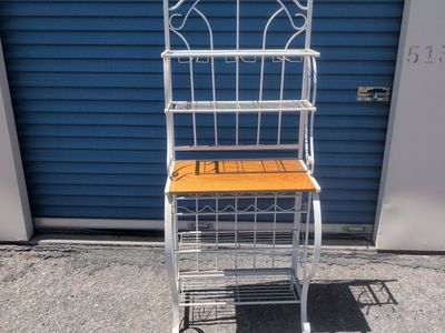 White Metal Bakers Rack with Wine Glass & Bottle Storage, Wood Shelf - Excellent Condition