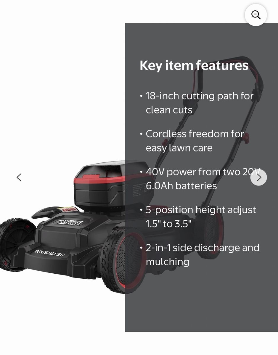 Hyper Tough 18-Inch 40V Cordless Brushless Lawn Mower with Battery & Charger