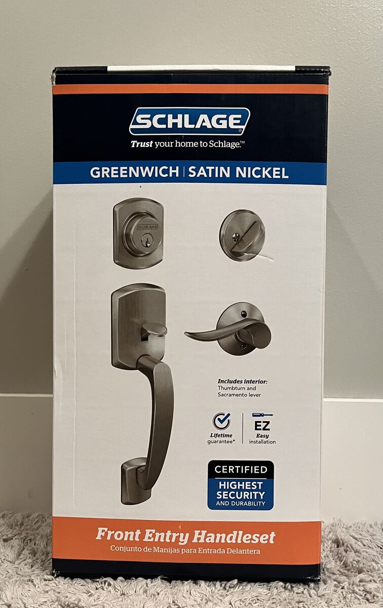 NEW Schlage Greenwich Satin Nickel Deadbolt with Lever Door Handle Set