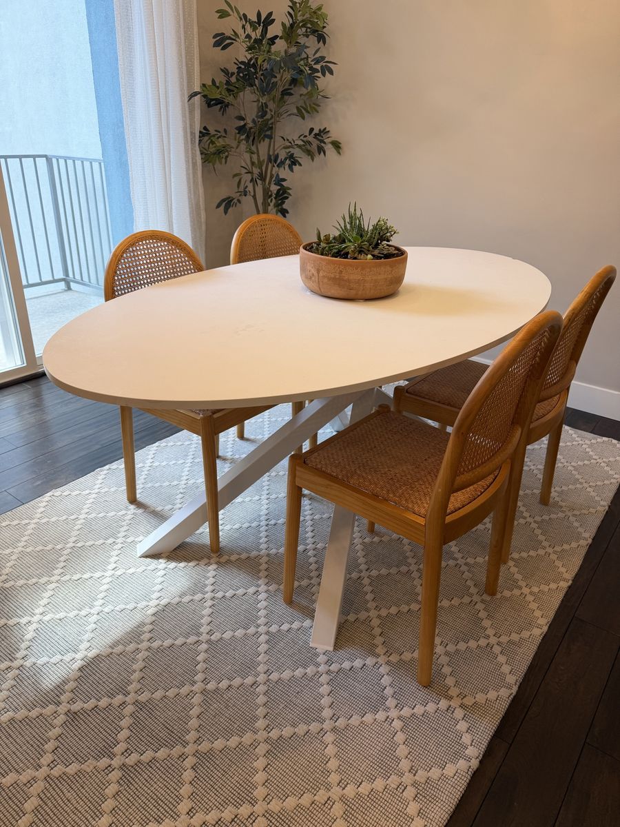 Modern Oval Dining Table with White Top and X-Base