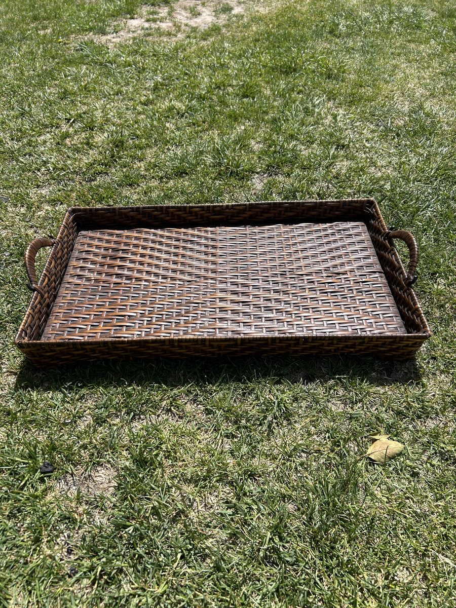 Woven Rattan Serving Tray with Handles - Decorative Rectangular Platter