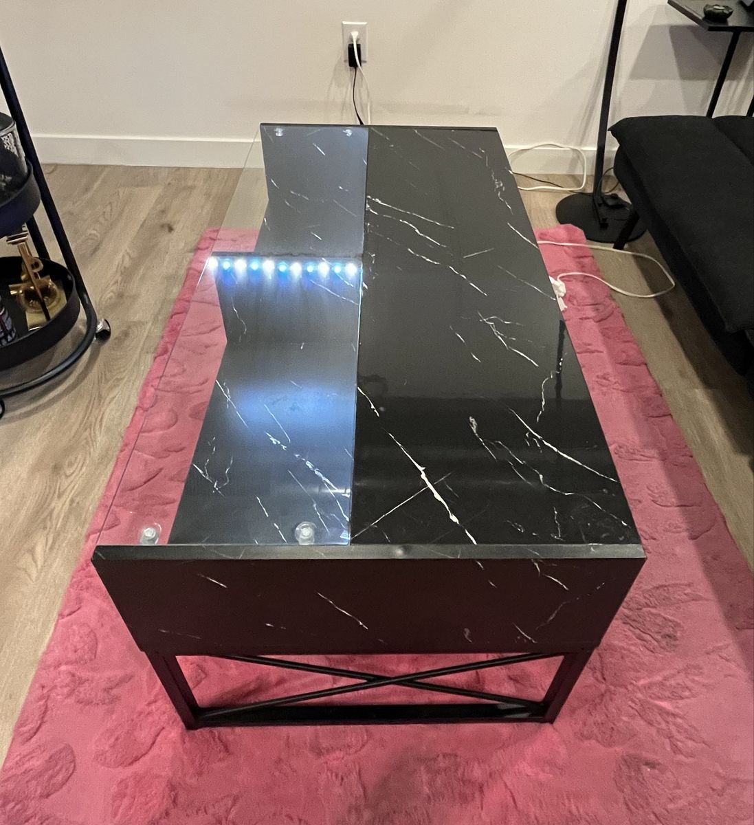Modern Black Marble Coffee Table with LED Lights and Glass Top