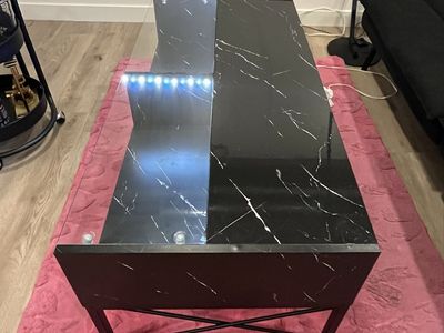 Modern Black Marble Coffee Table with LED Lights and Glass Top