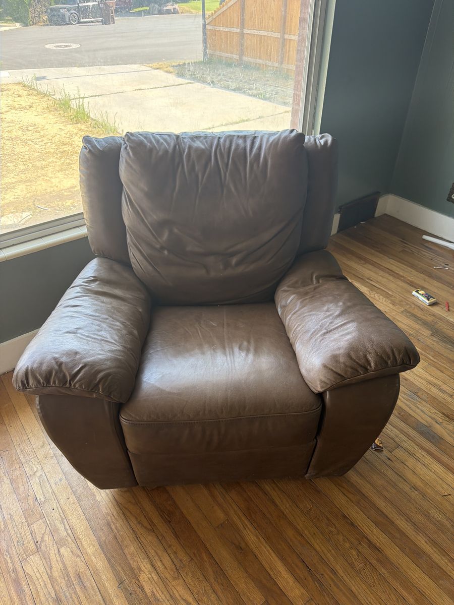 Brown Leather Reclining Sofa (64"W) and Matching Armchair (41"W) Set