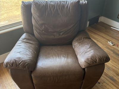 Brown Leather Reclining Sofa (64"W) and Matching Armchair (41"W) Set