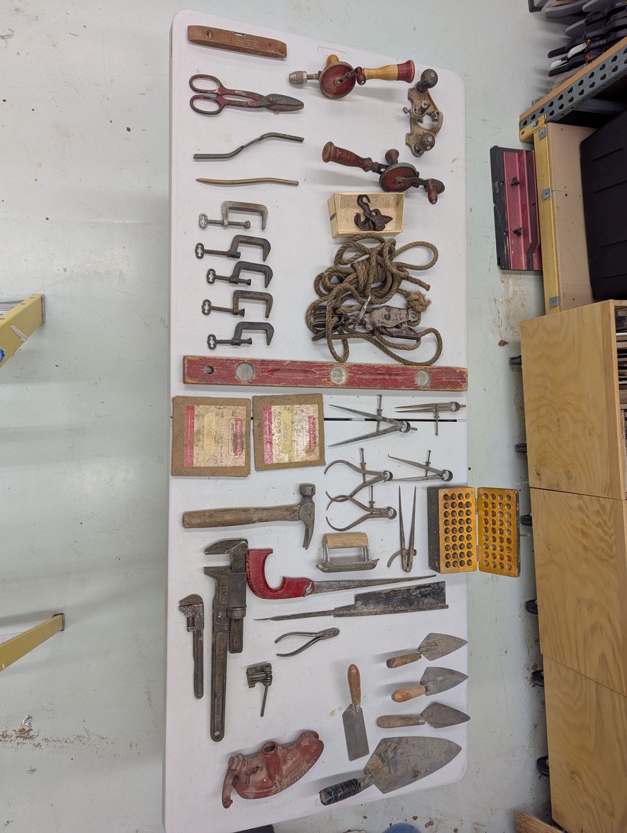 Large Lot of Vintage Hand Tools, Hand Drills, Clamps, Calipers, Saws, and Trowels