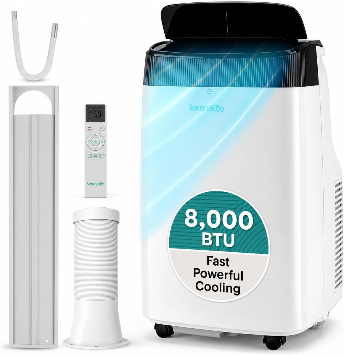 8,000 BTU SereneLife 3-in-1 Air Conditioner,  Built-in Dehumidifier Function, Fan Mode, Remote Control, Window Exhaust Kit
