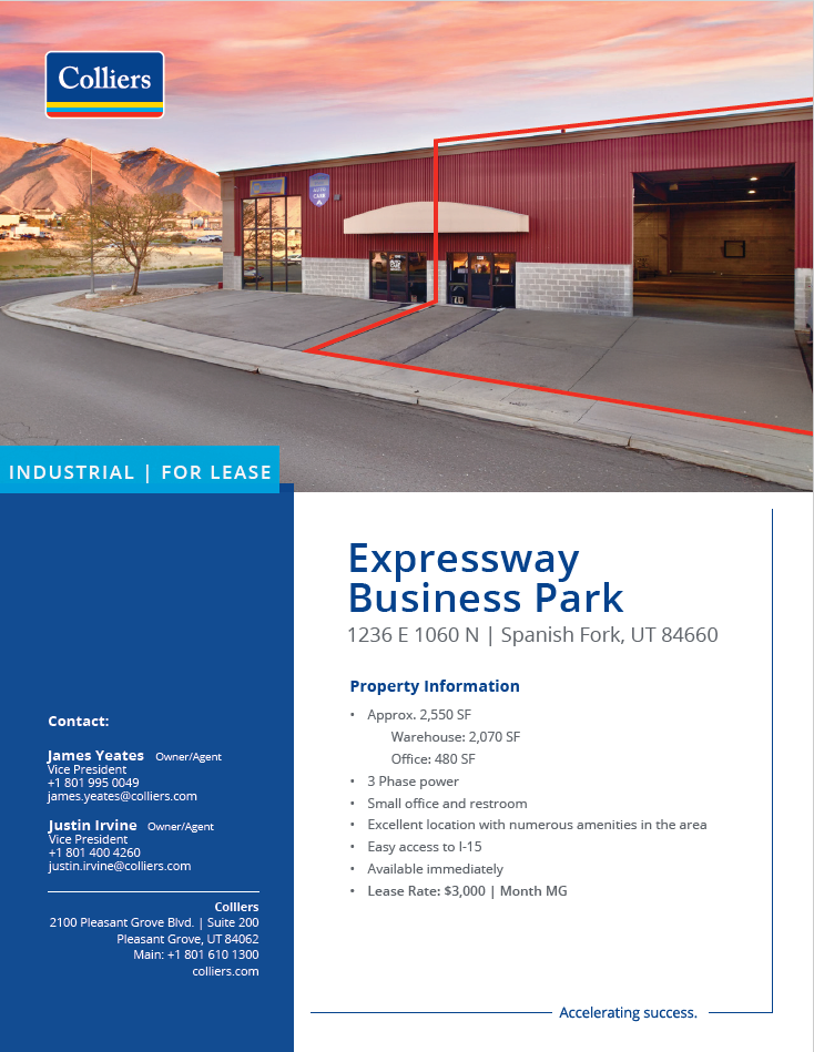 Flex/Warehouse Unit for Lease in Spanish Fork - 2,550 SF