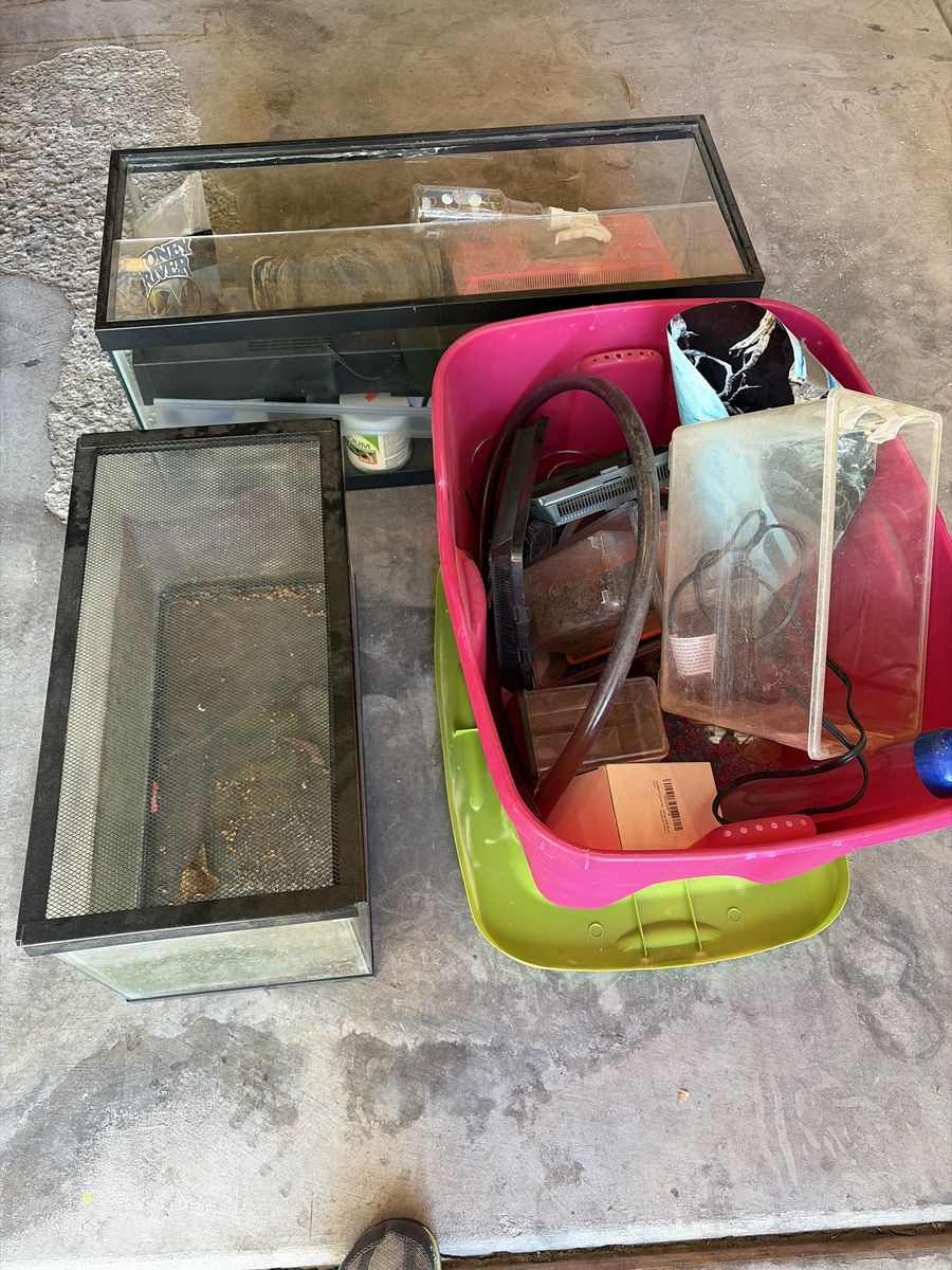 2 Glass Fish Tanks & Terrarium with Assorted Supplies - Used Aquariums & Accessories