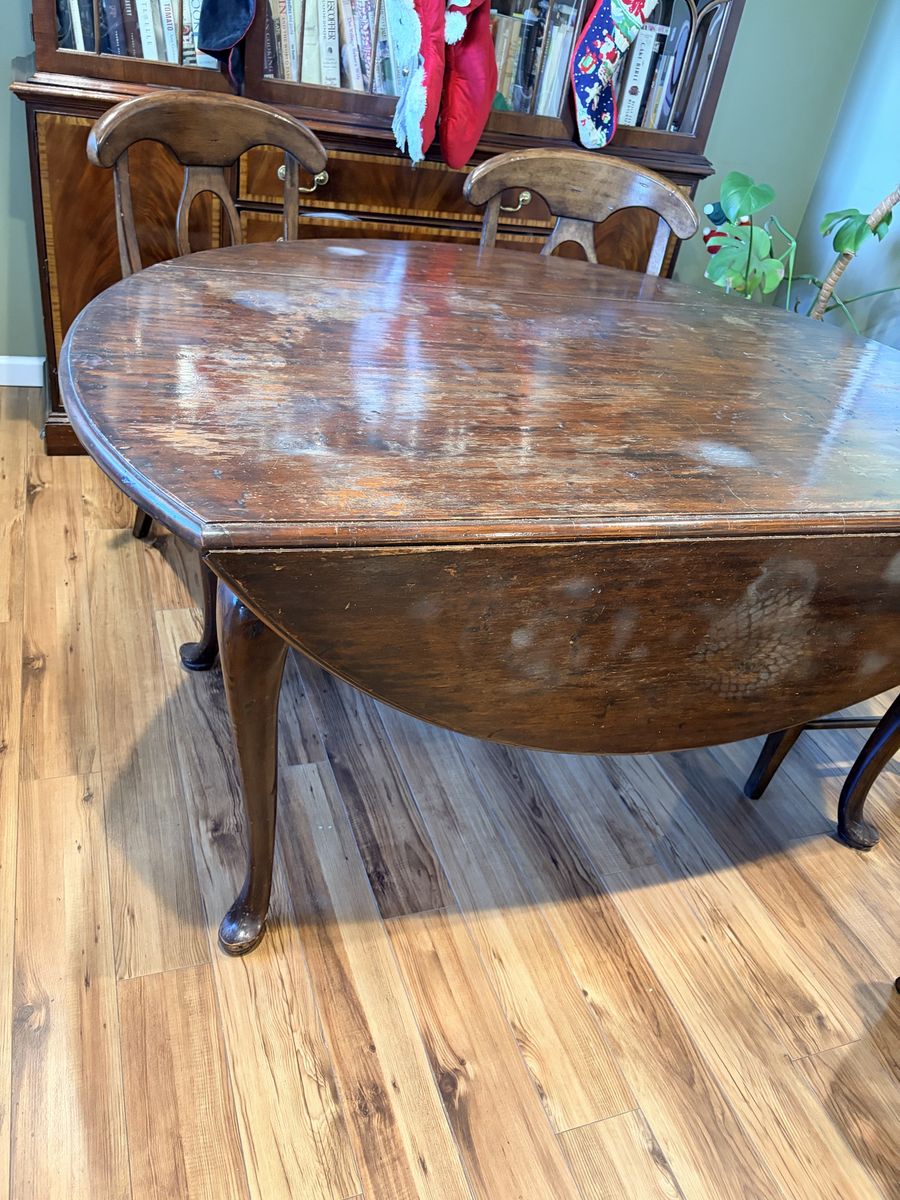 Antique Drop Leaf Dining Table - Oval Wood Pedestal Base, Seats 4-6 (Chairs not included)