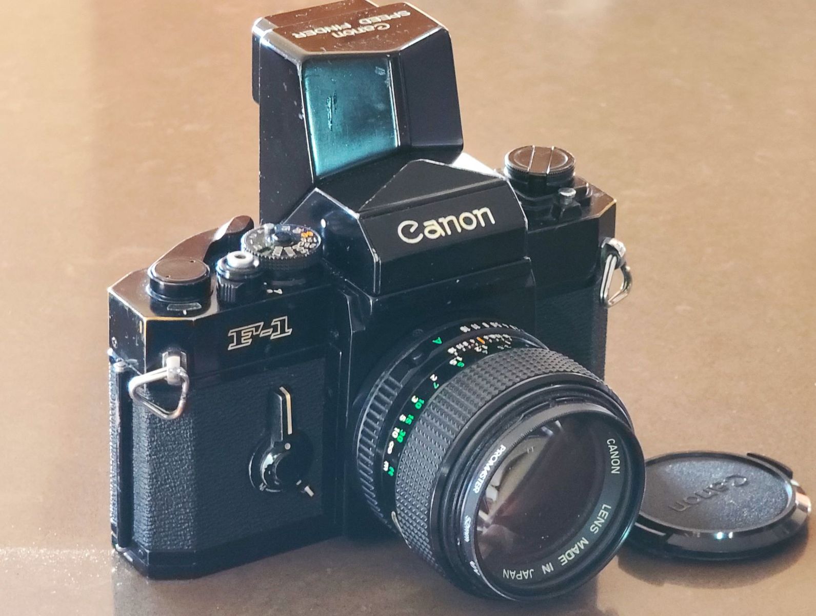 Canon F-1 35mm SLR Film Camera w/ f/1.2 Lens, Speed Finder - New Battery, Made in Japan