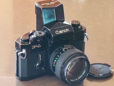 Canon F-1 35mm SLR Film Camera w/ f/1.2 Lens, Speed Finder - New Battery, Made in Japan