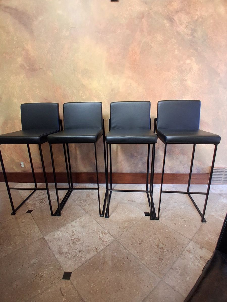 Set of 4 Black Leather Modern Metal Frame Bar Stools