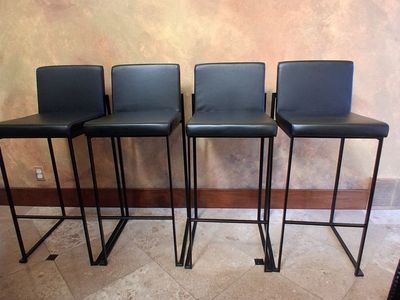 Set of 4 Black Leather Modern Metal Frame Bar Stools