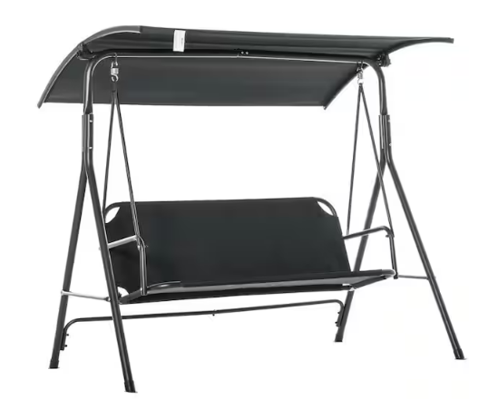 Black 3-Person Patio Porch Swing with Adjustable Weather-Resistant Canopy