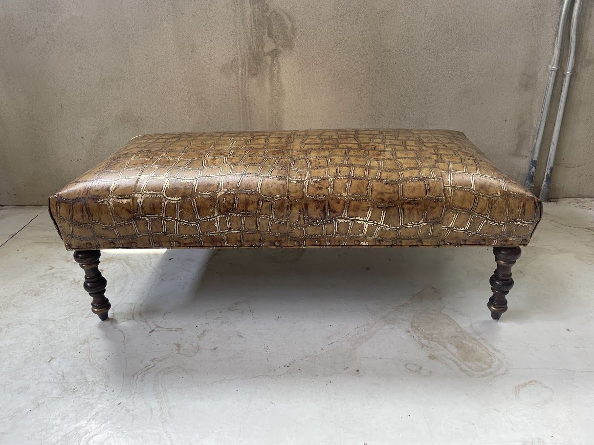 Vintage Crocodile-Embossed Leather Cocktail Ottoman Bench