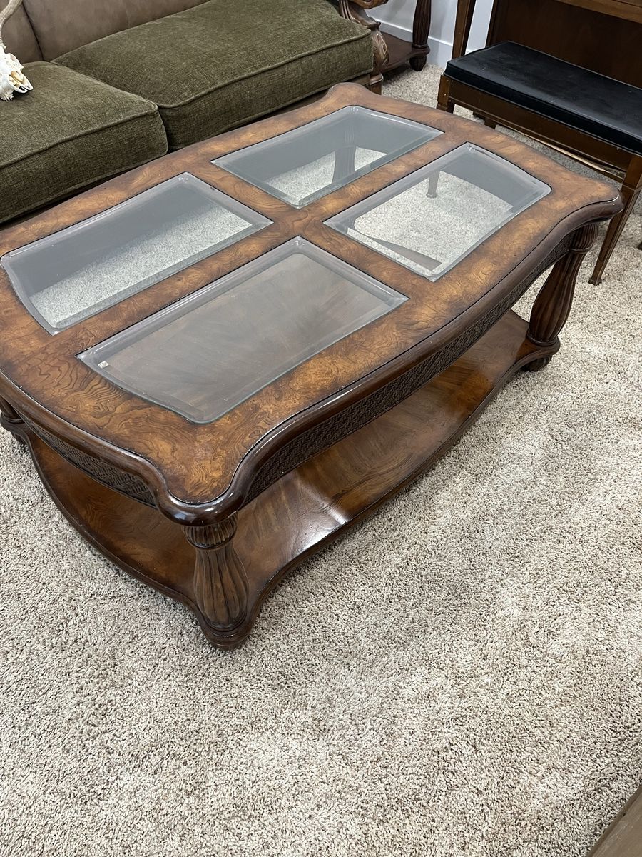 Elegant Wood & Glass Coffee Table and Matching End Table Set - Traditional Style