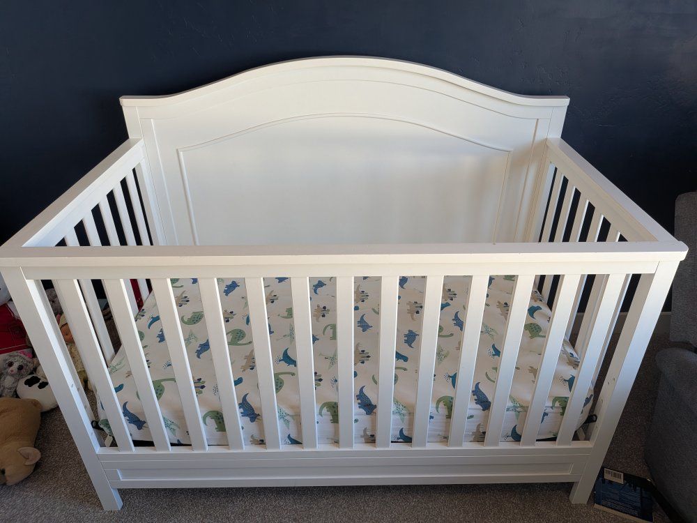 White Wooden Baby Crib and mattress